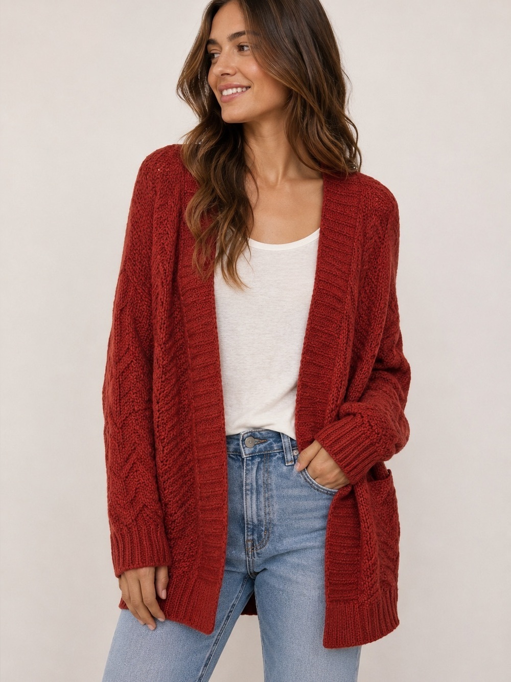 Rust Cable Knit Open Cardigan Boho Eclectic Earthy Teacher Cotton Blend Small